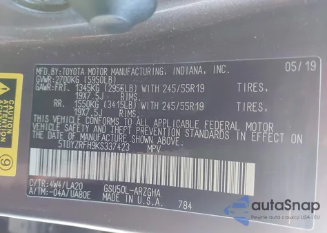 2019 Toyota Highlander Limited Platinum from USA, damaged, VIN 5TDYZRFH9KS337423